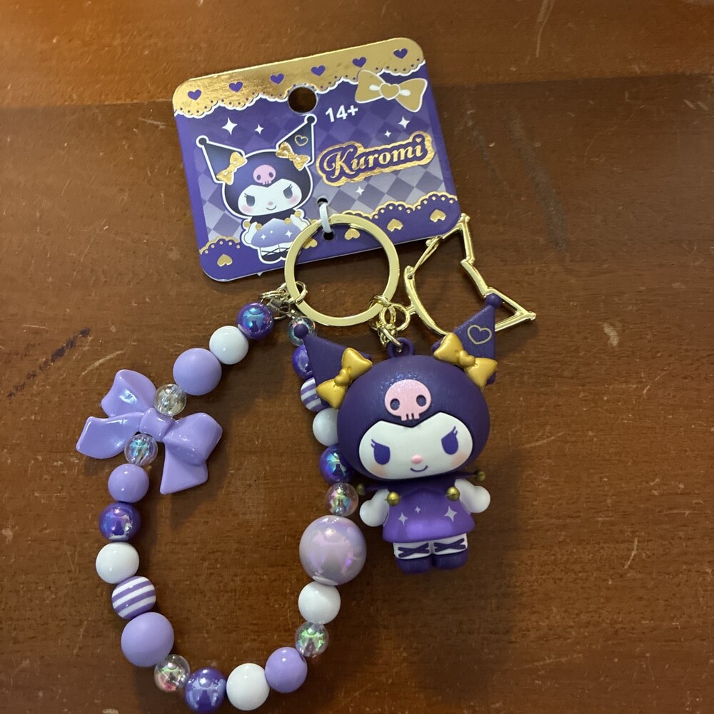 Sanrio Kuromi Gothic 3D Keychain Beaded Wrist Strap Bag Charm purple Gold New